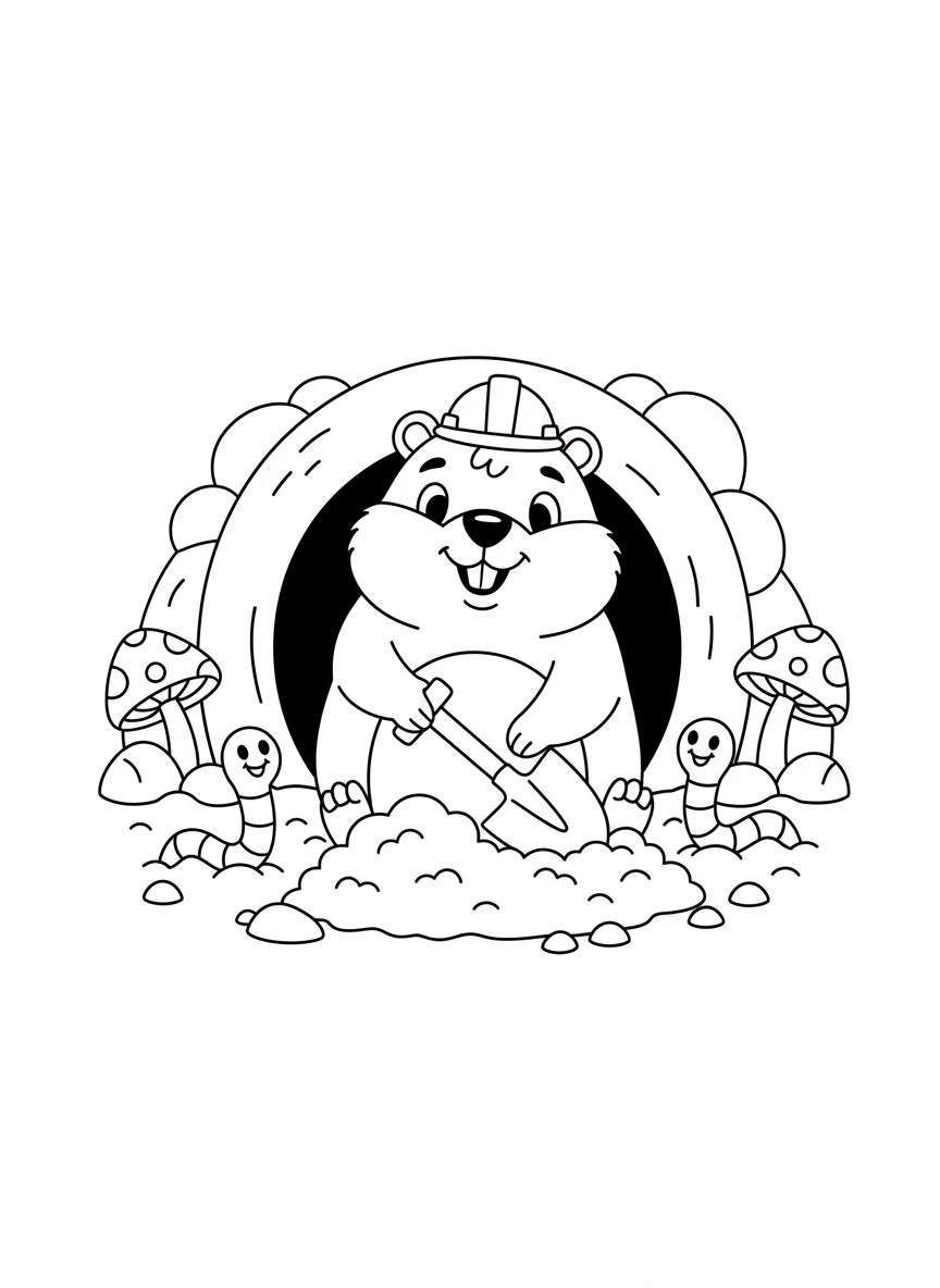 Cute Groundhog Digging Tunnel Coloring Page for Kids