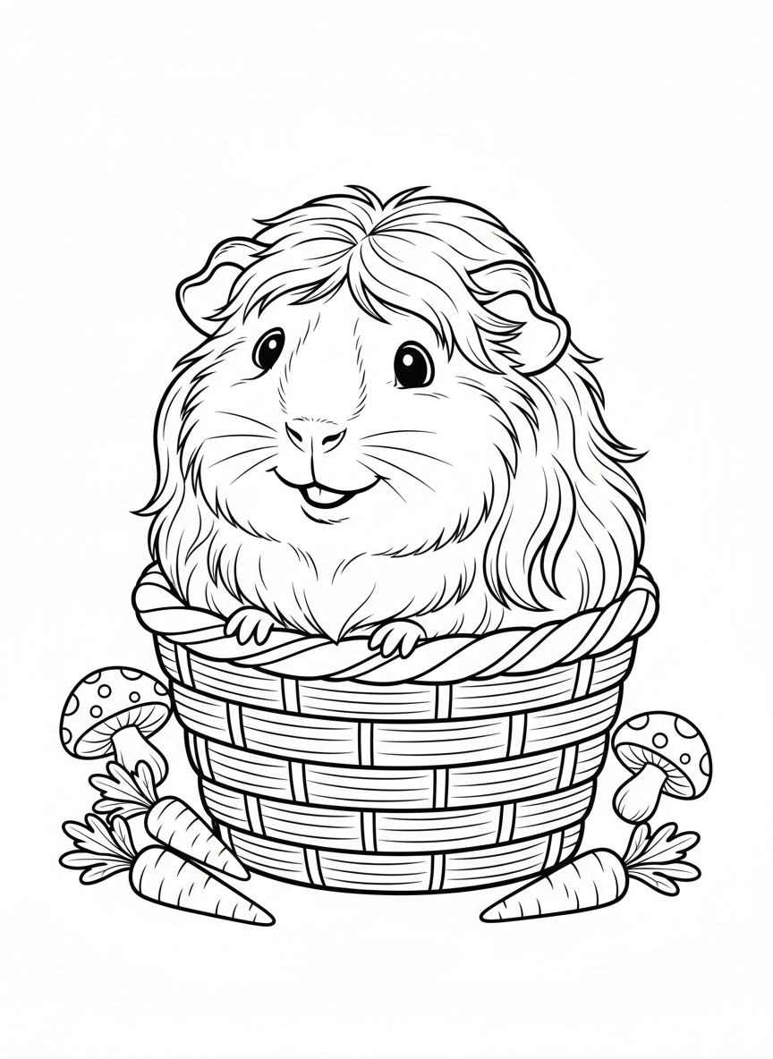 Cute Guinea Pig in Basket Coloring Page