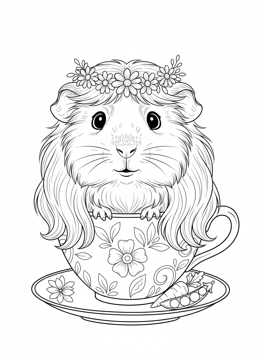 Cute Guinea Pig in Teacup Coloring Page