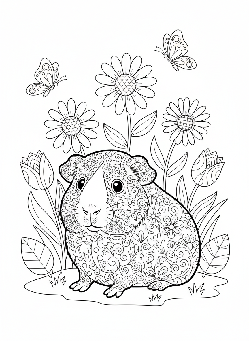 Cute Guinea Pig in Whimsical Garden Coloring Page