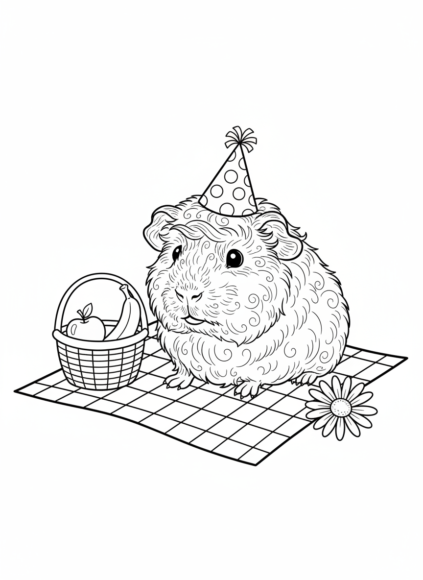 Cute Guinea Pig Picnic Coloring Page for Kids
