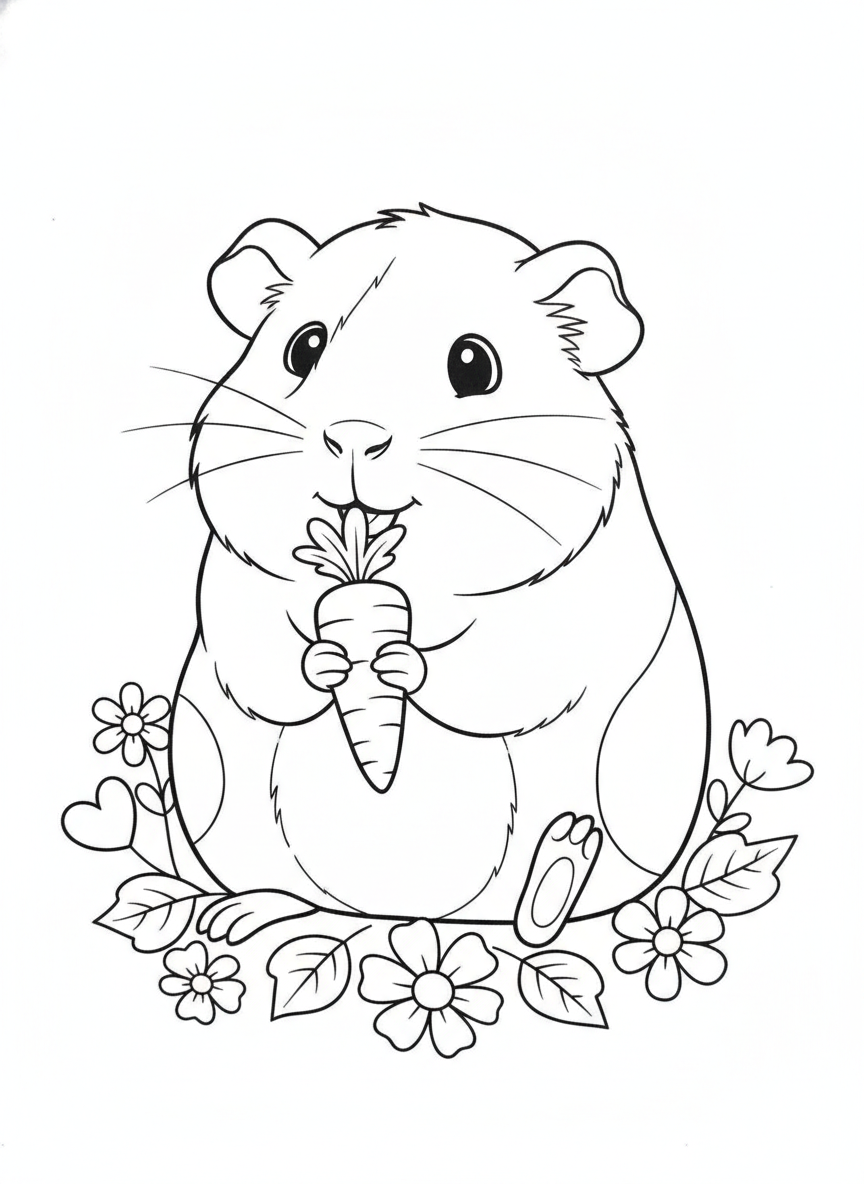 Cute Guinea Pig with Carrot Coloring Page for Kids