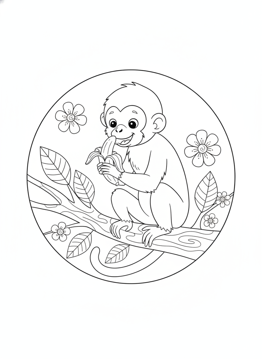 Cute Happy Spider Monkey Eating Banana Coloring Page for Kids