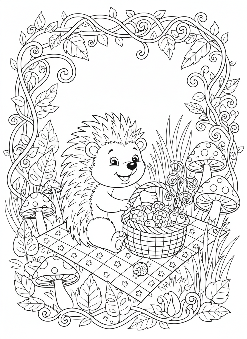 Cute Hedgehog Picnic in a Whimsical Forest: A Fun Coloring Page