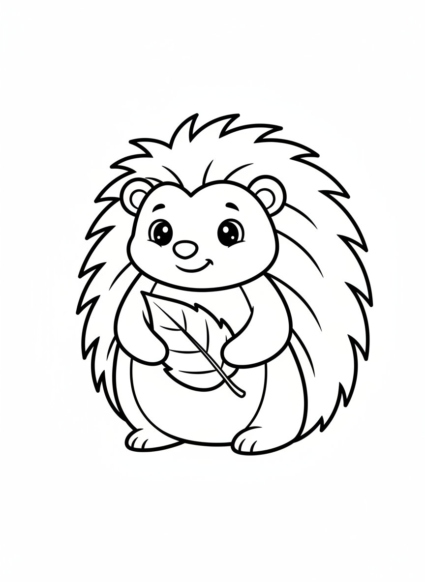 Cute Hedgehog with Autumn Leaf Coloring Page for Kids