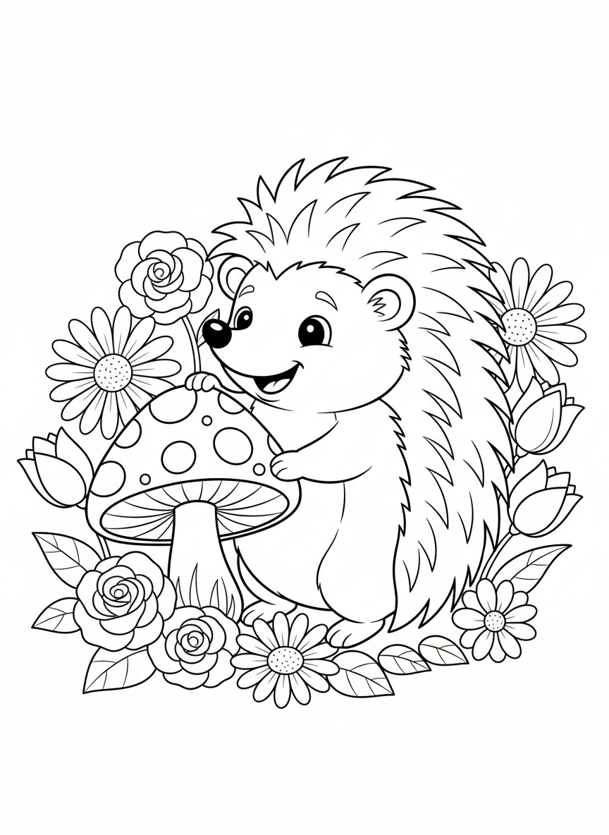 Cute Hedgehog's Whimsical Garden Adventure Coloring Page