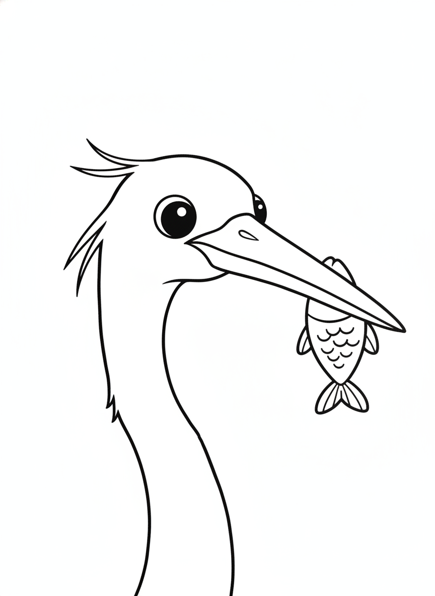 Cute Heron Coloring Page with Fish for Kids