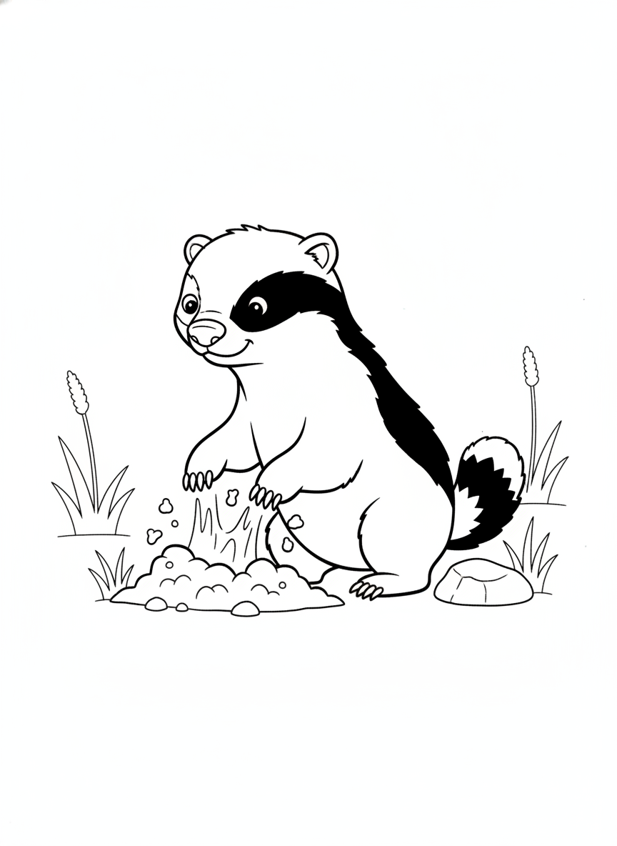 Cute Honey Badger Digging in Savanna Coloring Page