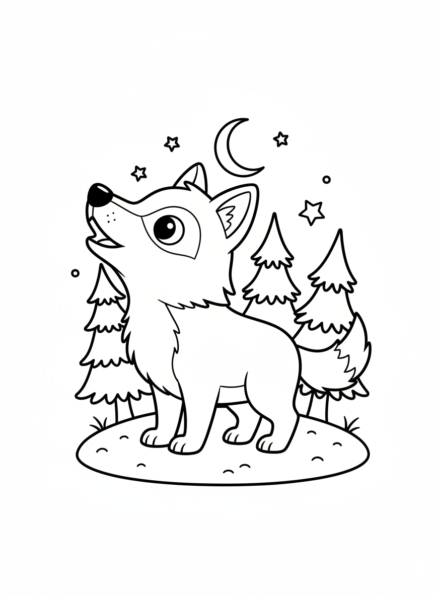 Cute Howling Wolf Coloring Page for Kids