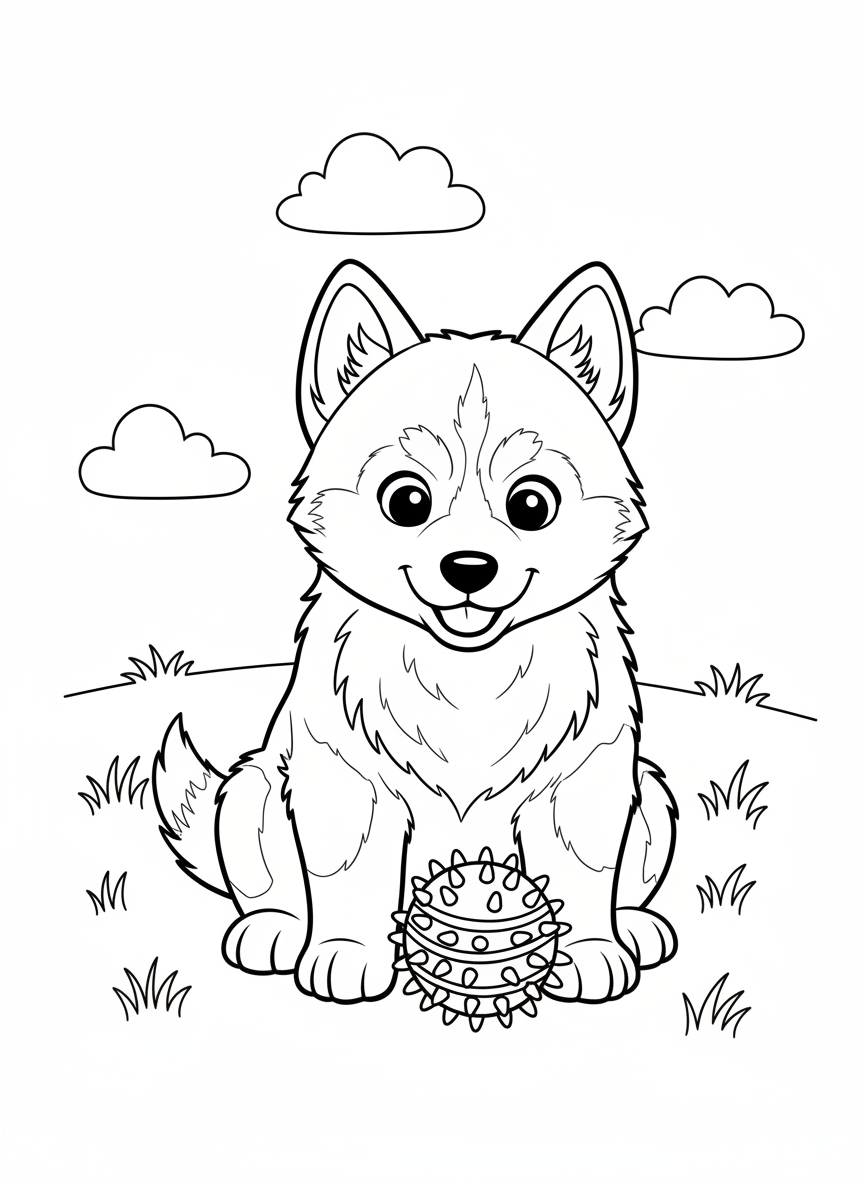 Cute Husky Puppy with Toy Ball Coloring Page for Kids