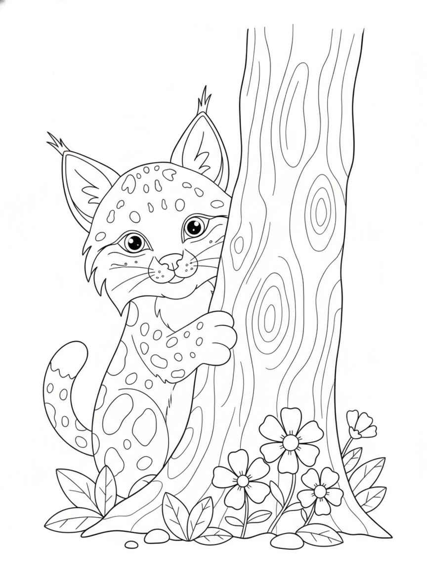 Cute Iberian Lynx Peeking from Cork Oak Tree Kids Coloring Page