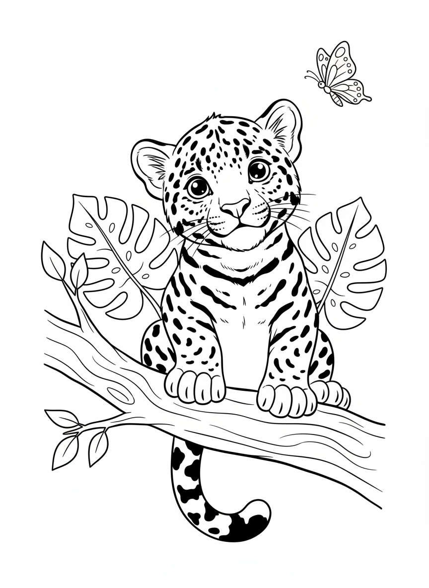 Cute Jaguar Cub in Jungle Coloring Page