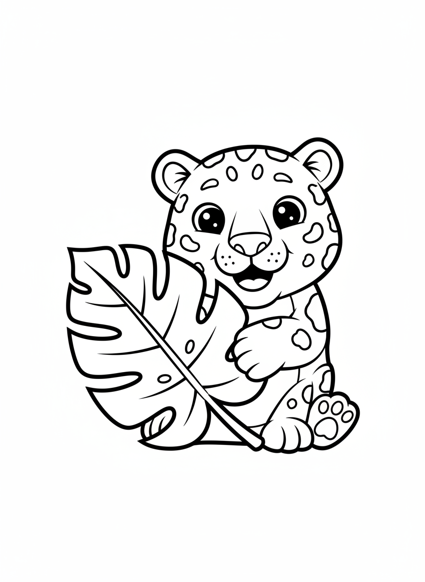 Cute Jaguar Peeking from Jungle Leaf Coloring Page