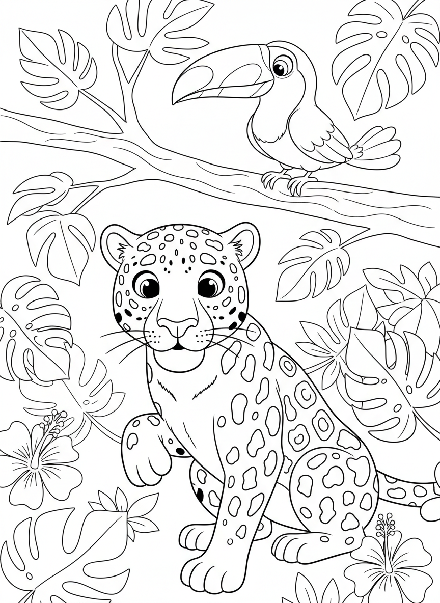 Cute Jaguar & Toucan Jungle Fun Coloring Page