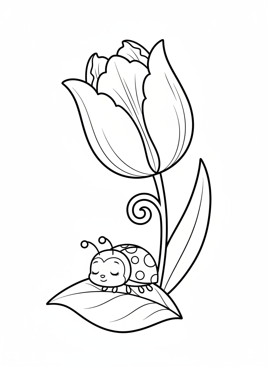 Cute Ladybug & Tulip Coloring Page for Kids
