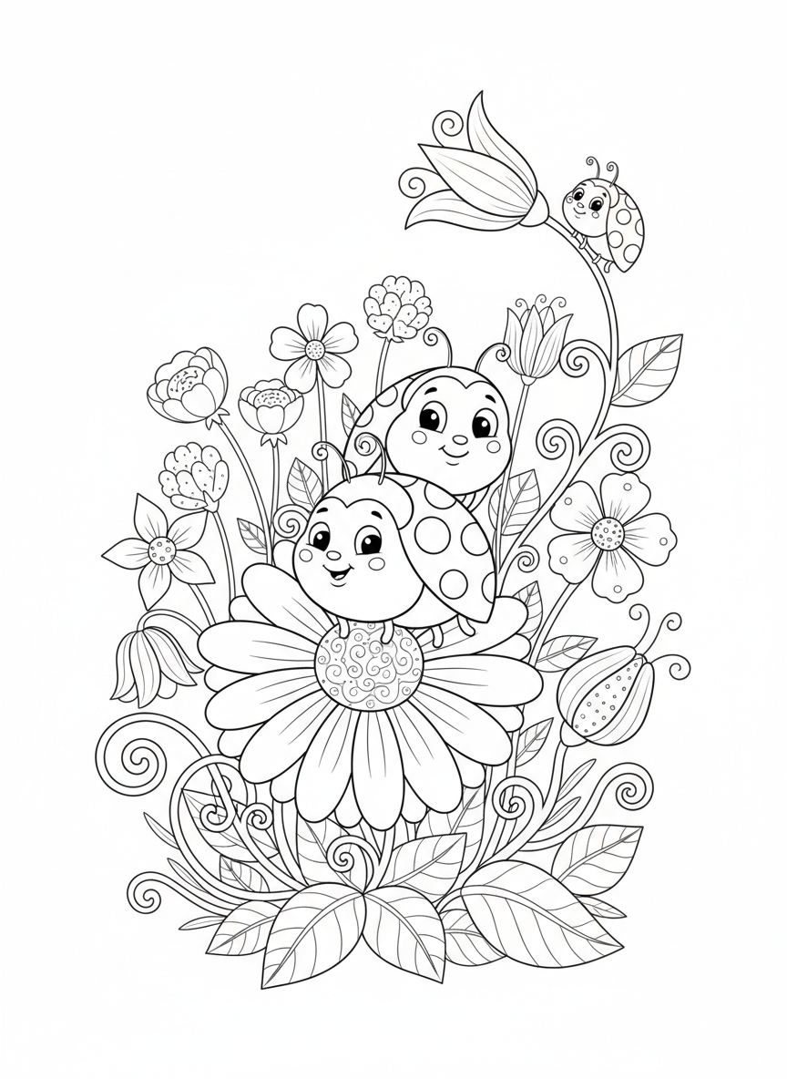 Cute Ladybugs in Flower Patch Coloring Page