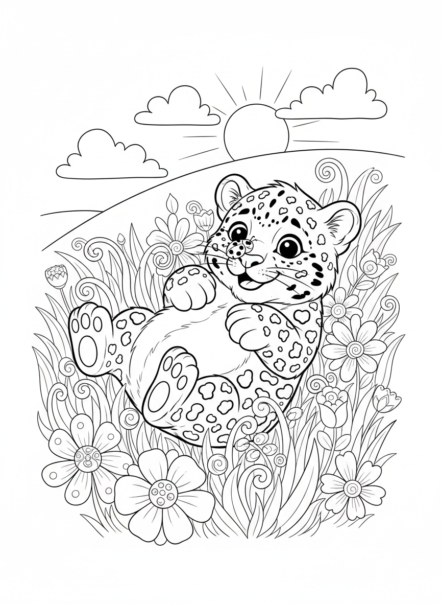 Cute Leopard Cub & Ladybug Coloring Page