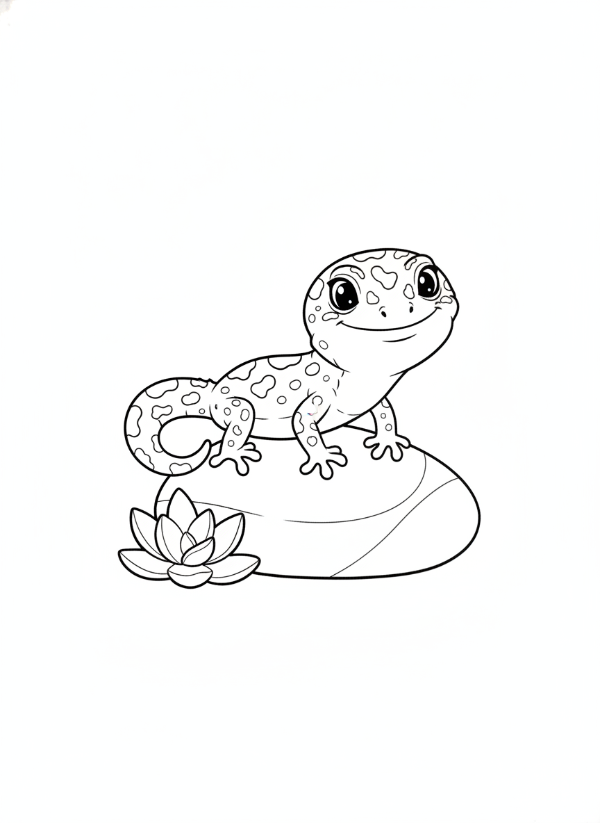 Cute Leopard Gecko Coloring Page: Friendly Reptile on Stone