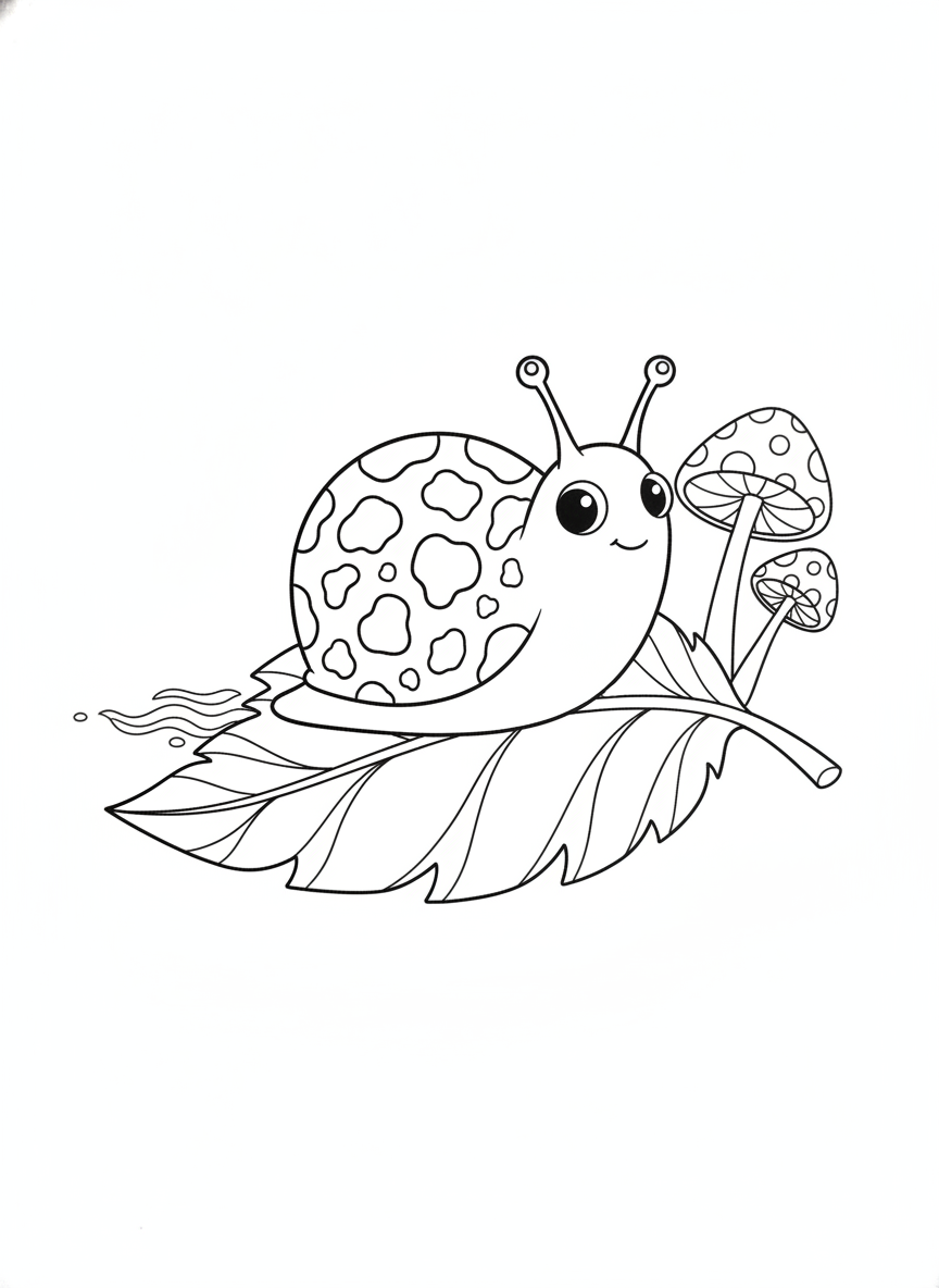 Cute Leopard Print Slug & Whimsical Mushroom Coloring Page