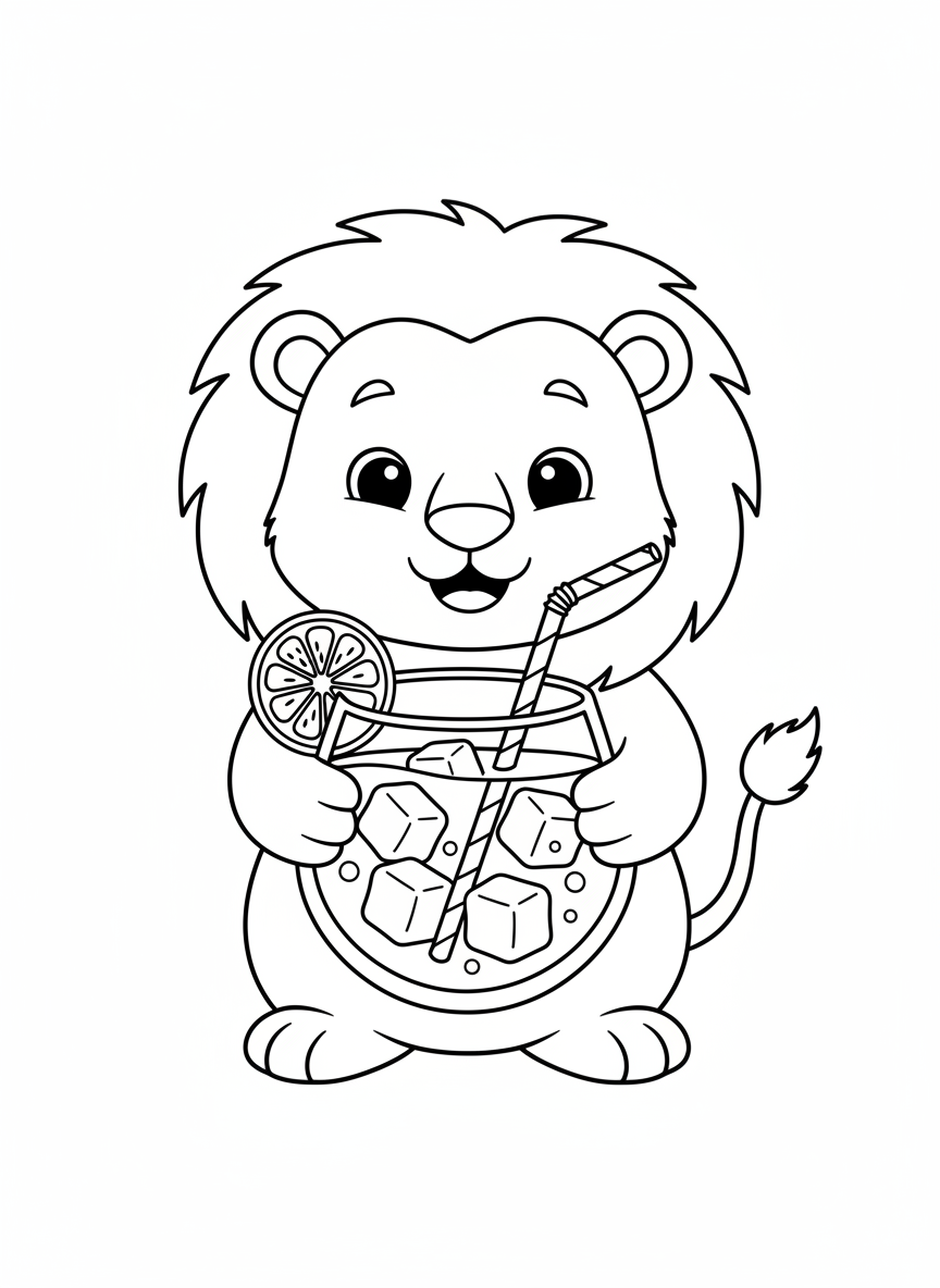 Cute Lion Cub with Lemonade Coloring Page