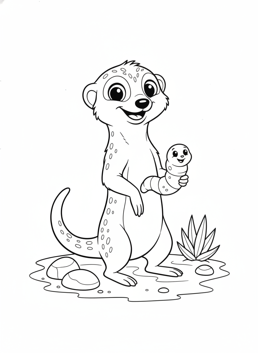 Cute Meerkat with Grub Coloring Page for Kids