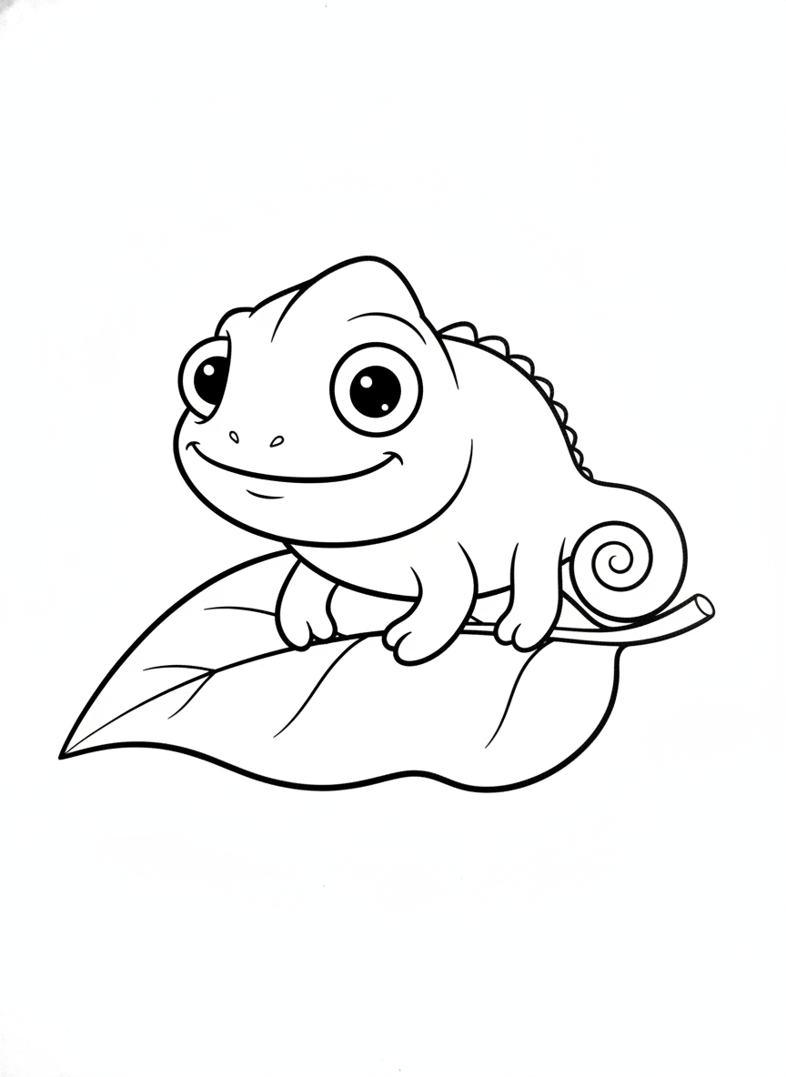 Cute Mini Chameleon on a Leaf Coloring Page for Kids