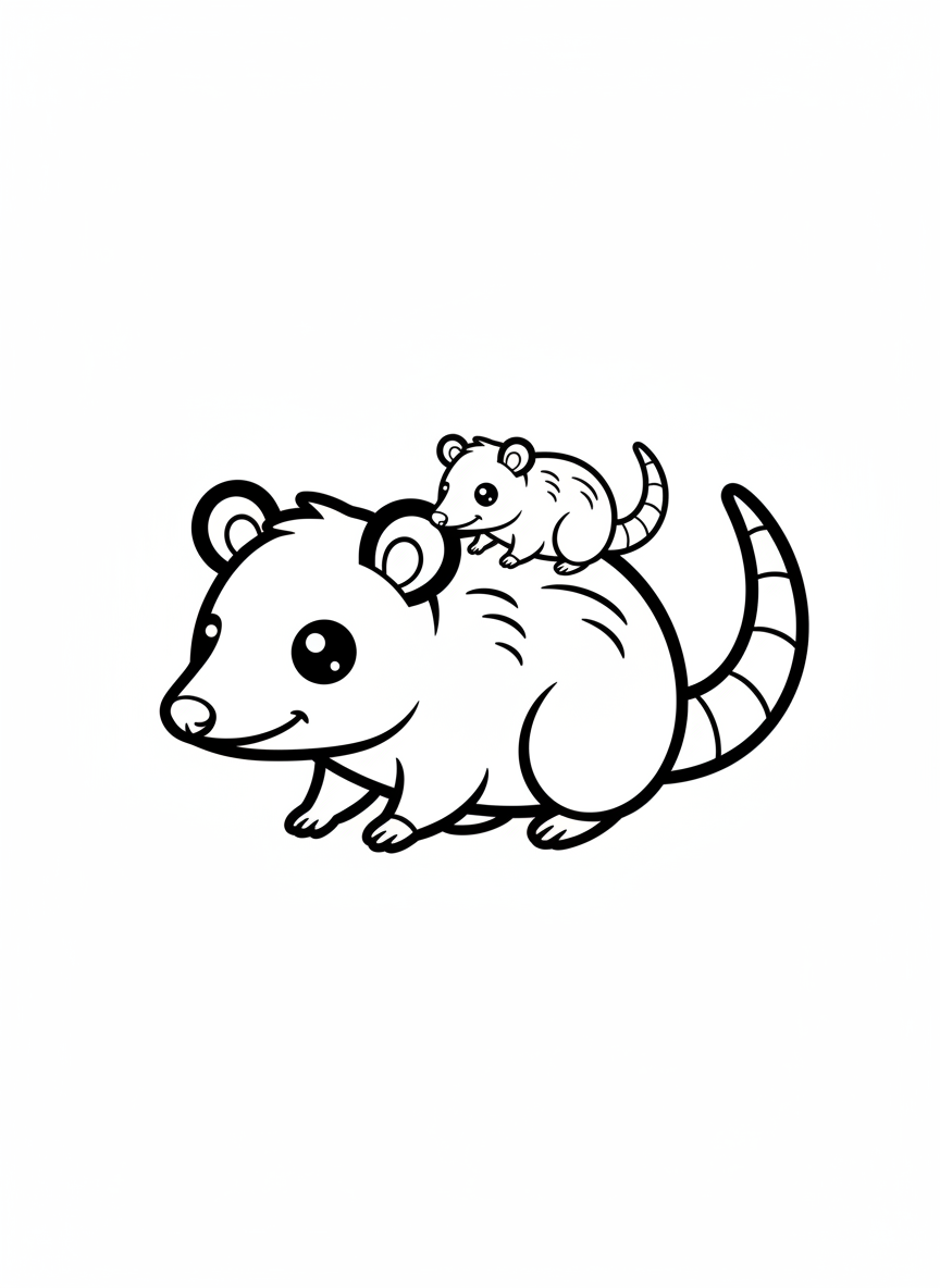 Cute Mommy Opossum and Baby Coloring Page for Kids