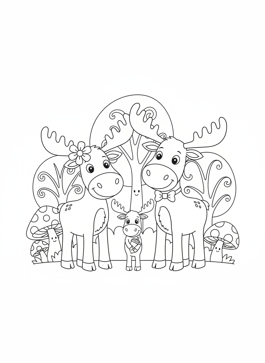 Cute Moose Family in Whimsical Forest