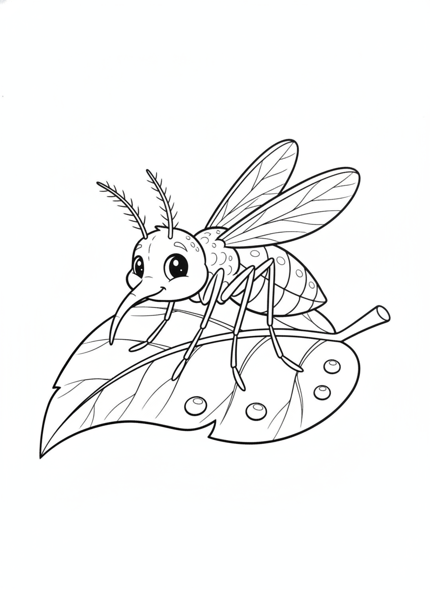 Cute Mosquito on Leaf Coloring Page: A Peaceful Nature Scene