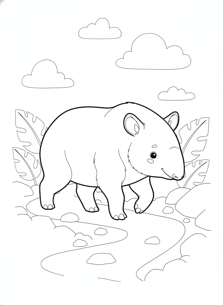 Cute Mountain Tapir Uphill Walk Coloring Page for Kids