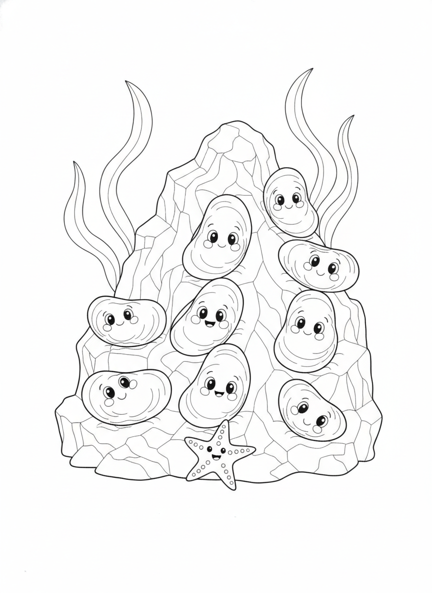 Cute Mussels and Starfish Underwater Coloring Page for Kids