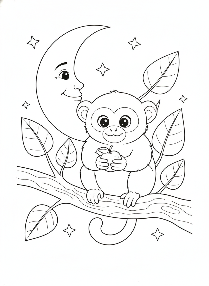 Cute Night Monkey & Moon Coloring Page for Kids
