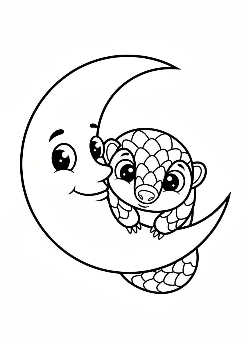 Cute Night Pangolin & Moon Coloring Page