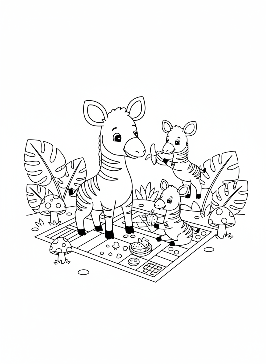 Cute Okapi Family Picnic Coloring Page