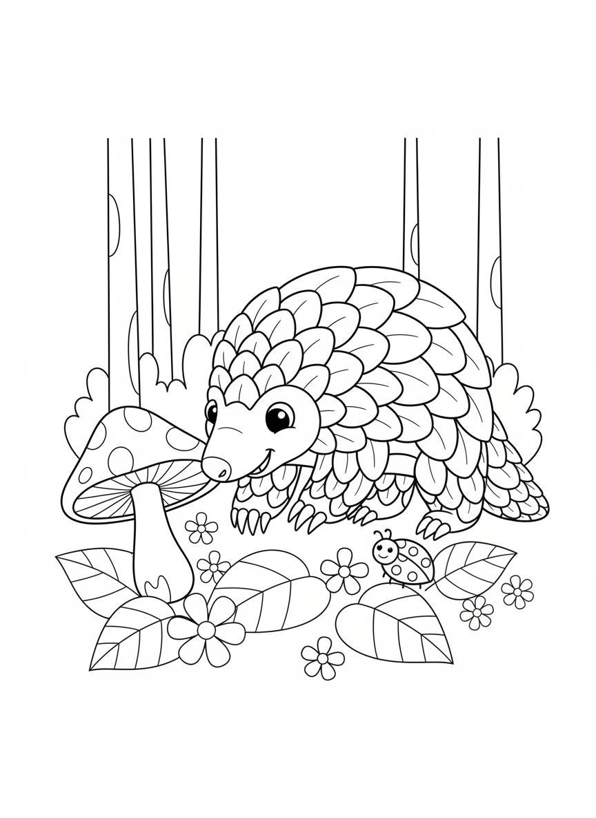 Cute Pangolin Exploring Forest Coloring Page
