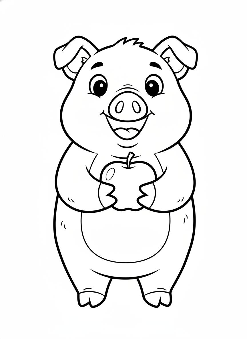Cute Pig with Apple Coloring Page for Kids