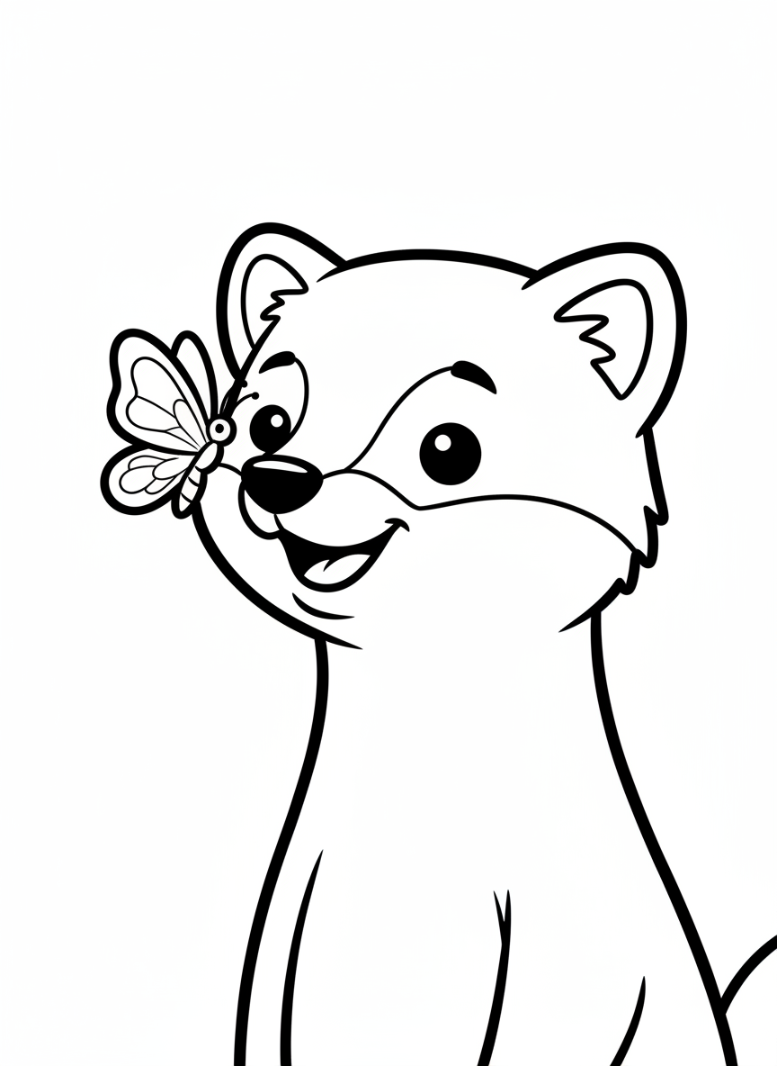 Cute Pine Marten & Butterfly Coloring Page