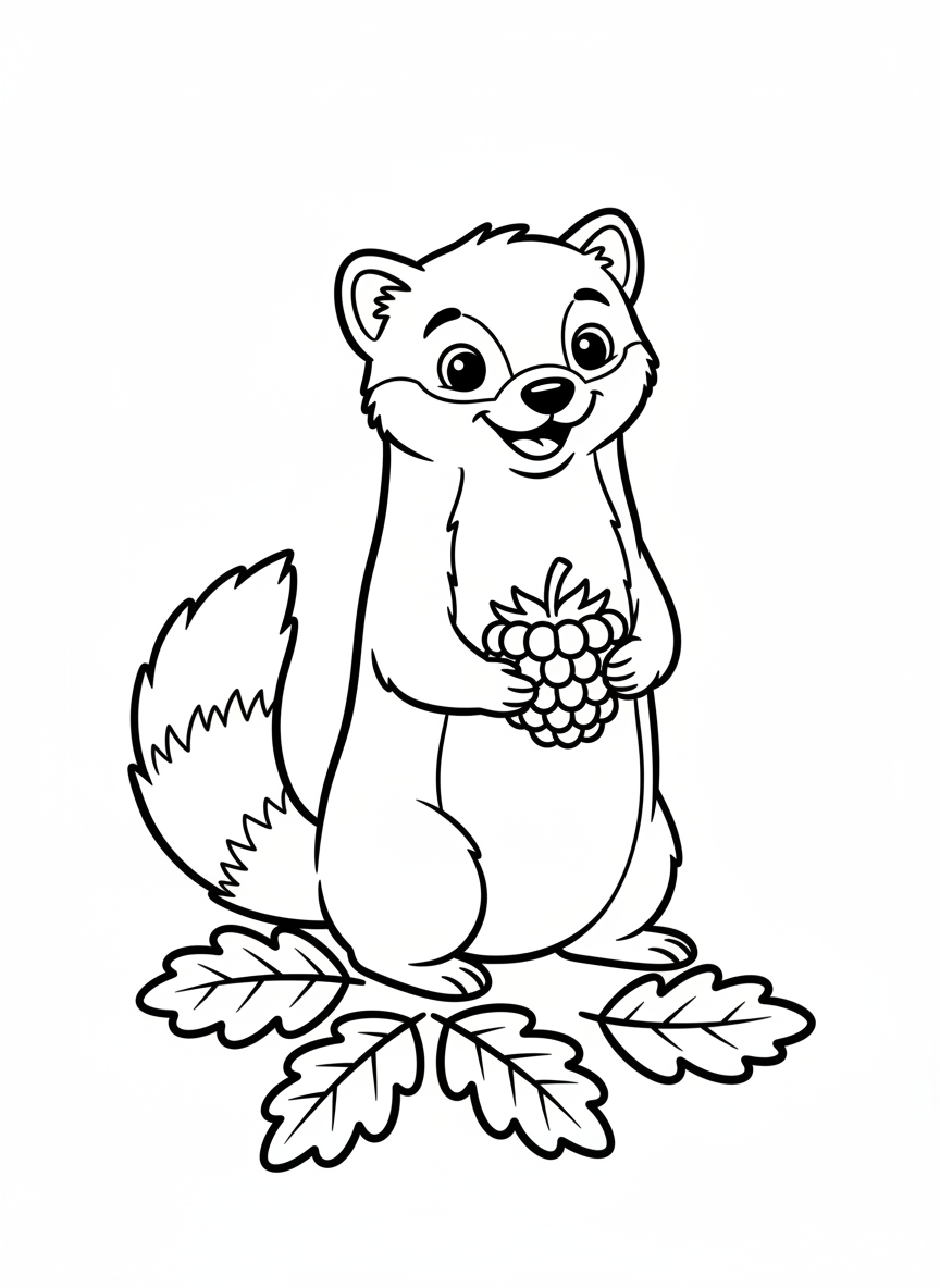 Cute Pine Marten with Berry Coloring Page for Kids