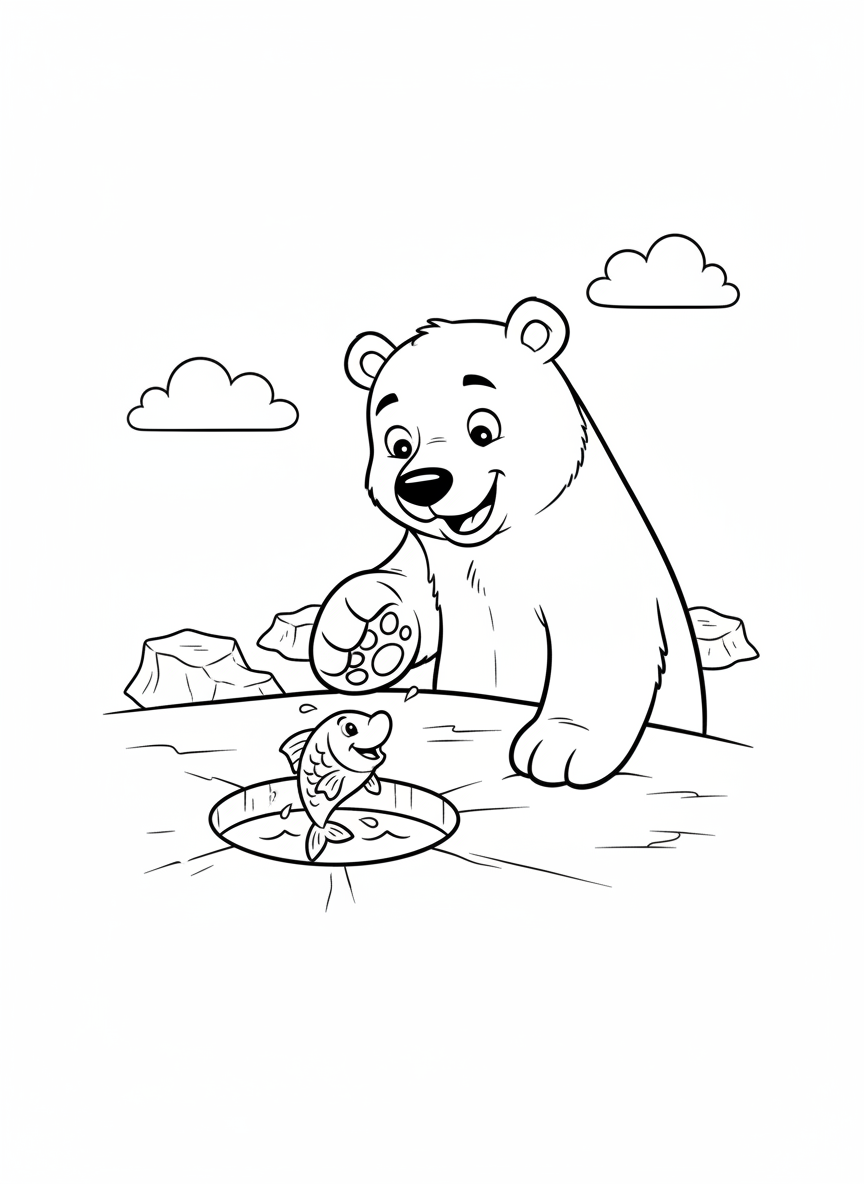 Cute Polar Bear Catching Fish Coloring Page