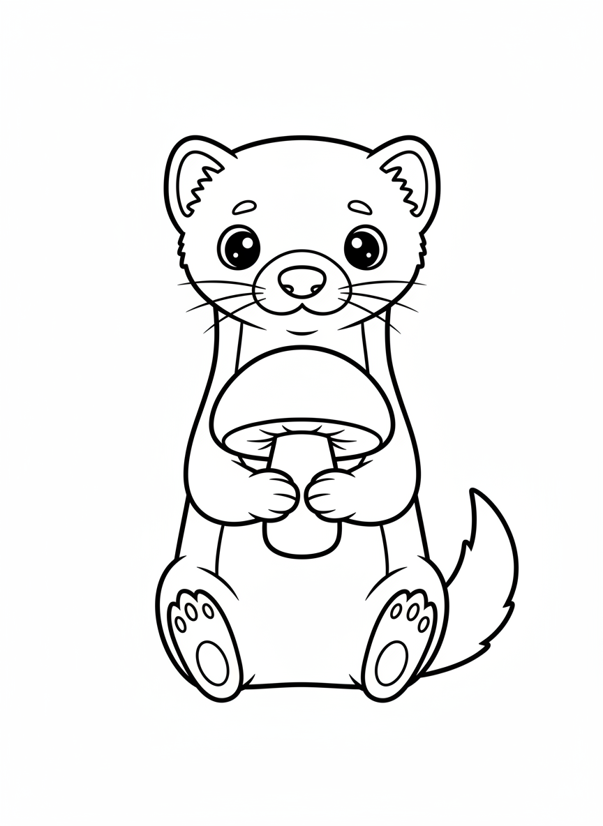 Cute Polecat with Mushroom Coloring Page