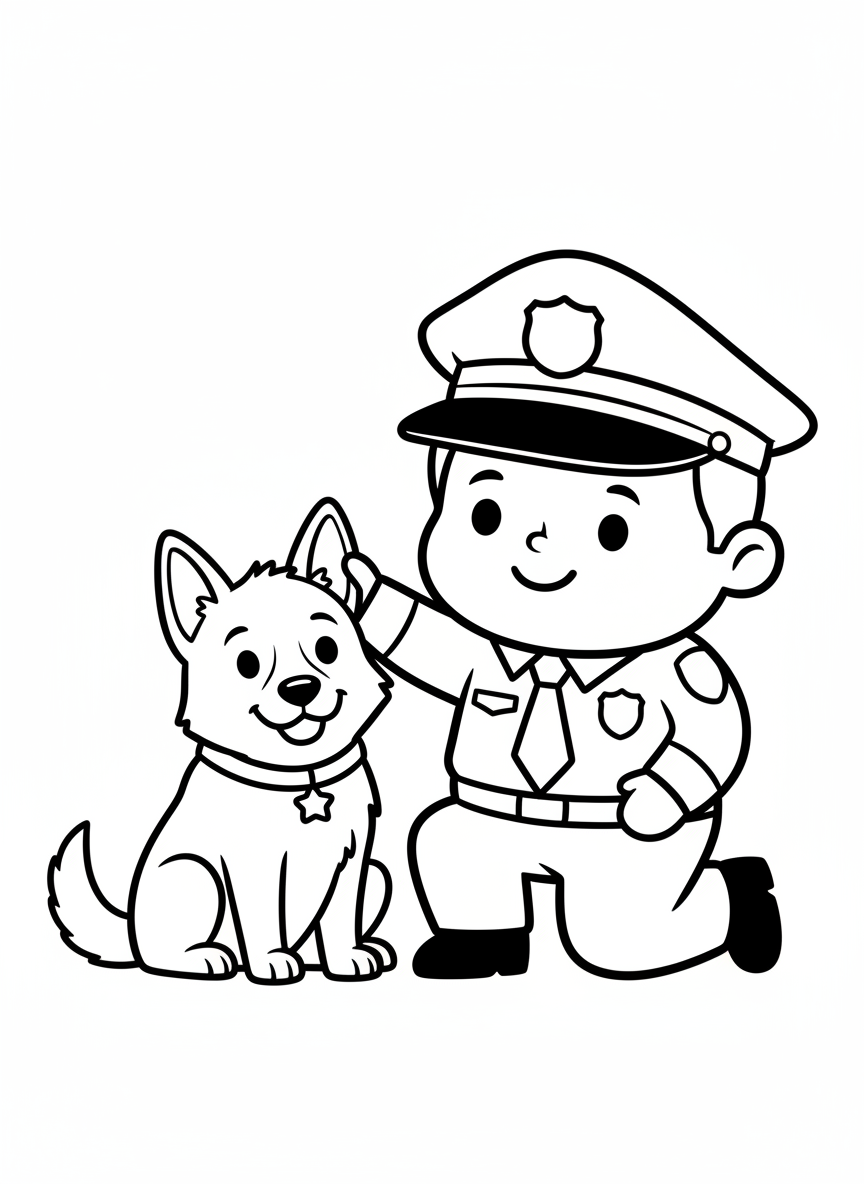 Cute Police Dog & Handler Coloring Page for Kids