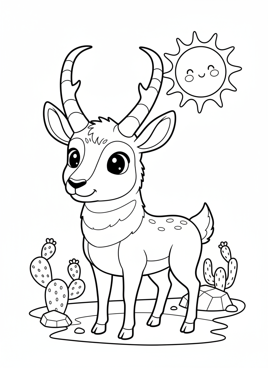 Cute Pronghorn in Sunny Desert Coloring Page
