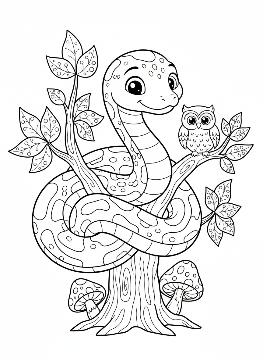 Cute Python & Owl Forest Coloring Page