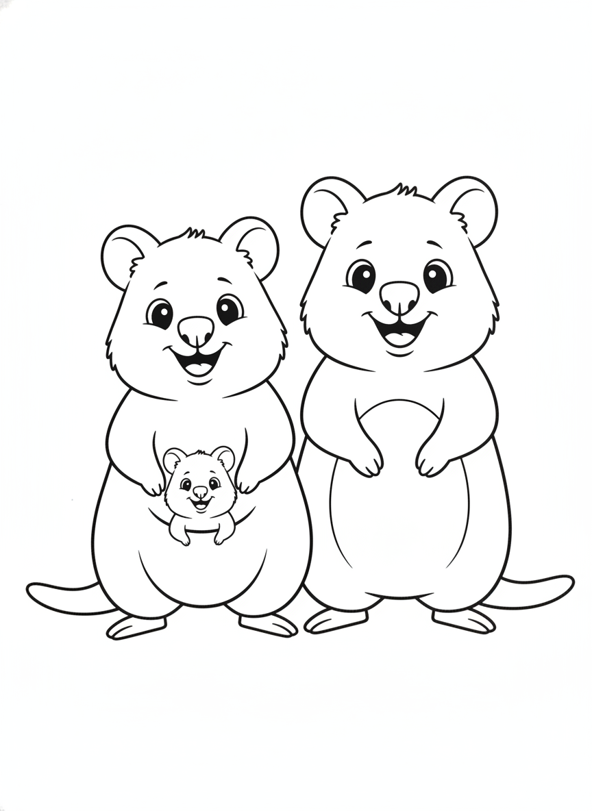 Cute Quokka Family Coloring Page for Kids