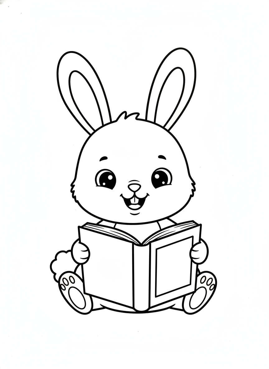 Cute Rabbit Reading Storybook Coloring Page for Kids