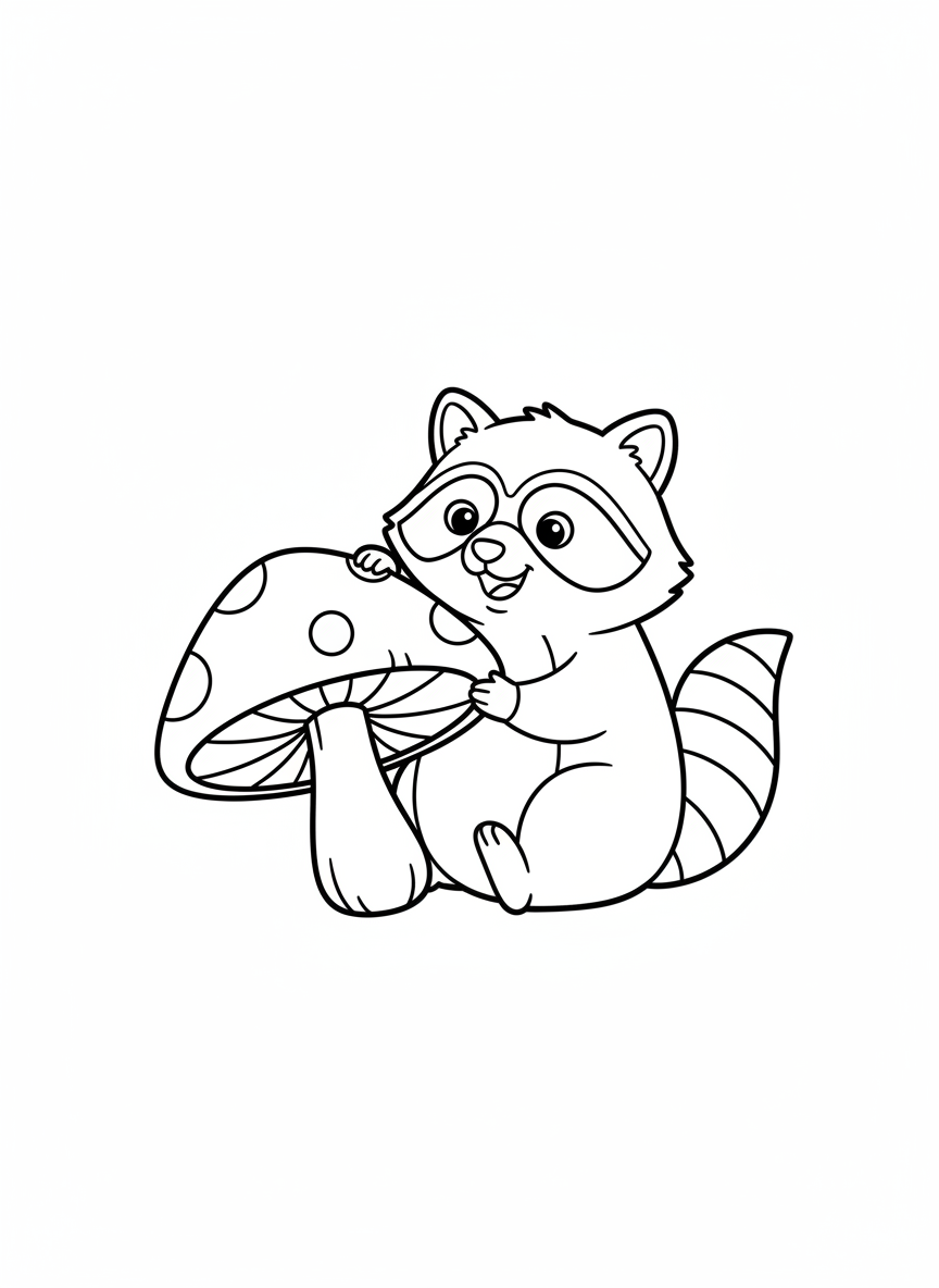Cute Raccoon and Mushroom Coloring Page for Kids