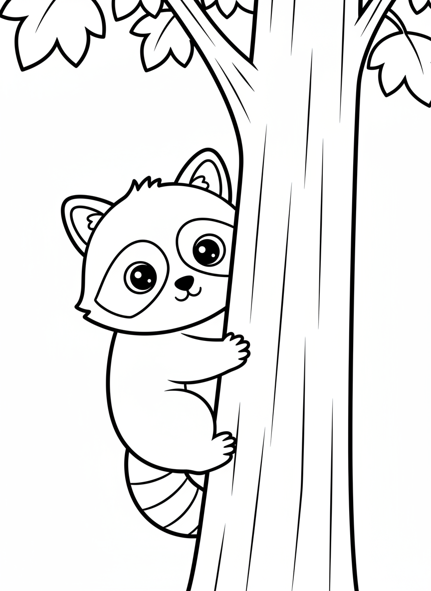 Cute Raccoon Climbing Tree Coloring Page for Kids