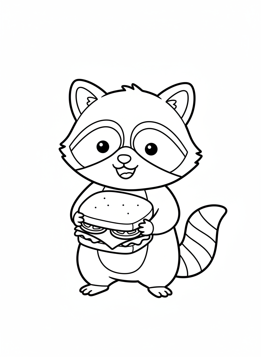 Cute Raccoon Eating Sandwich Coloring Page