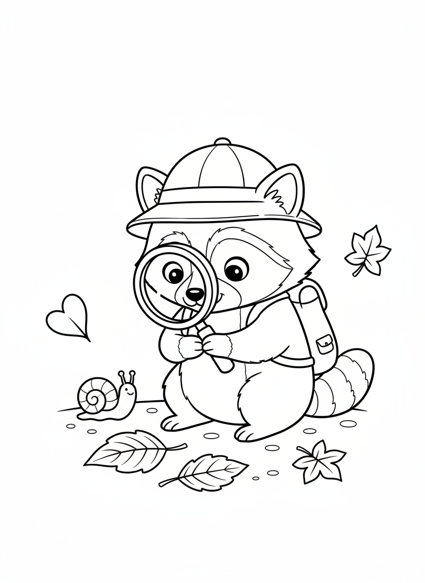 Cute Raccoon Explorer & Autumn Leaf Coloring Page