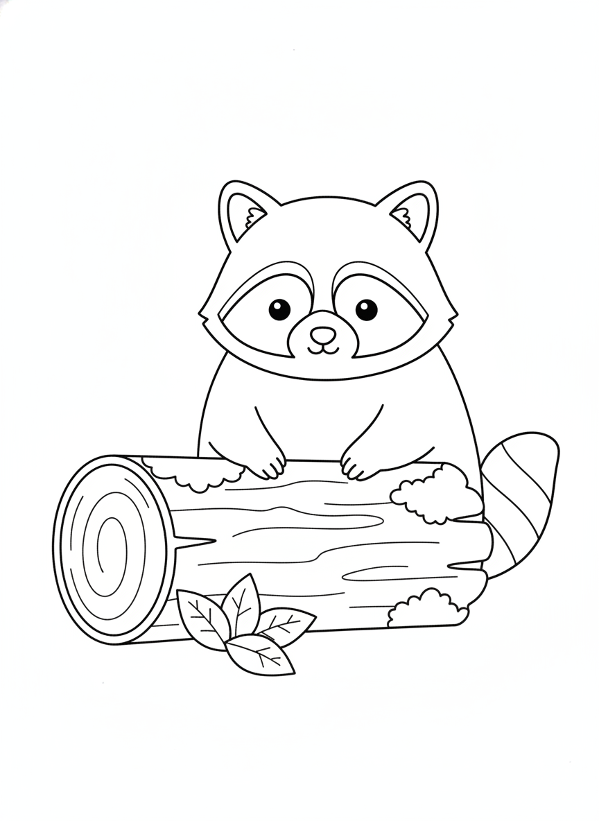Cute Raccoon Exploring Log Coloring Page for Kids